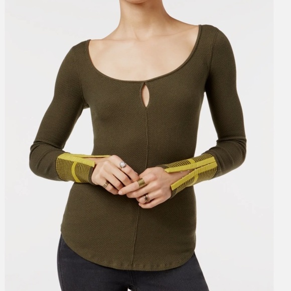 We the Free Green Mod Stripe Waffle Henley Top - Picture 3 of 10